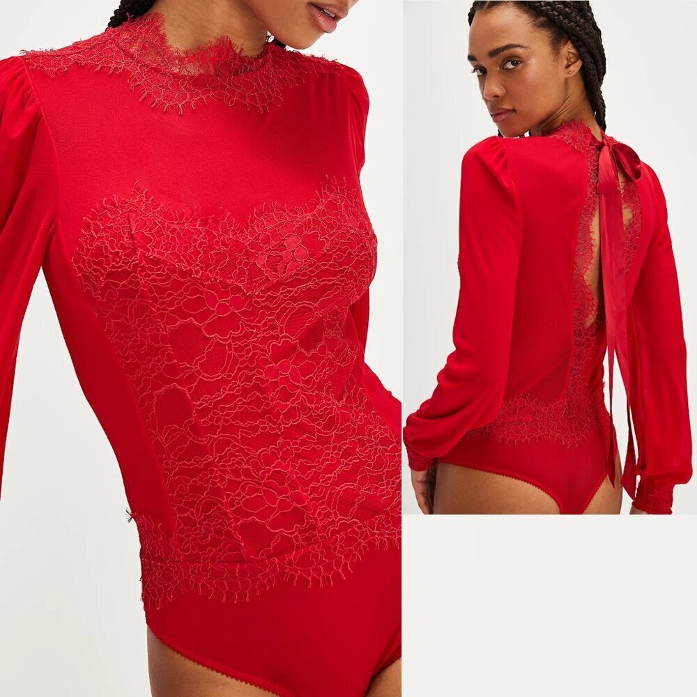 NWT New Free People Sweet Nothings Long Sleeve Red Bodysuit Size M